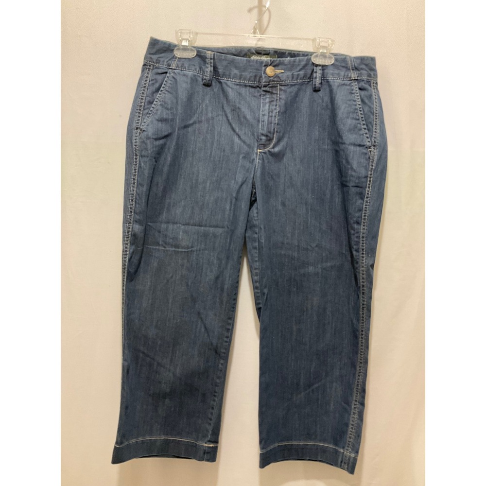 Eddie Bauer Women 12 Blue Denim Capri Pants Stretch Cropped Mid Rise‎ WPL 9647